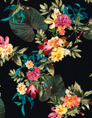 Tropical Flower Wall Mural. Paradise Botanical Flowers and Leave Black Background.