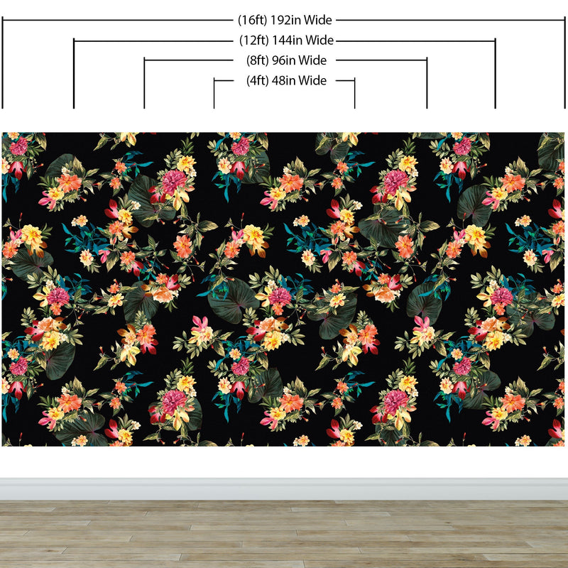 Tropical Flower Wall Mural. Paradise Botanical Flowers and Leave Black Background.