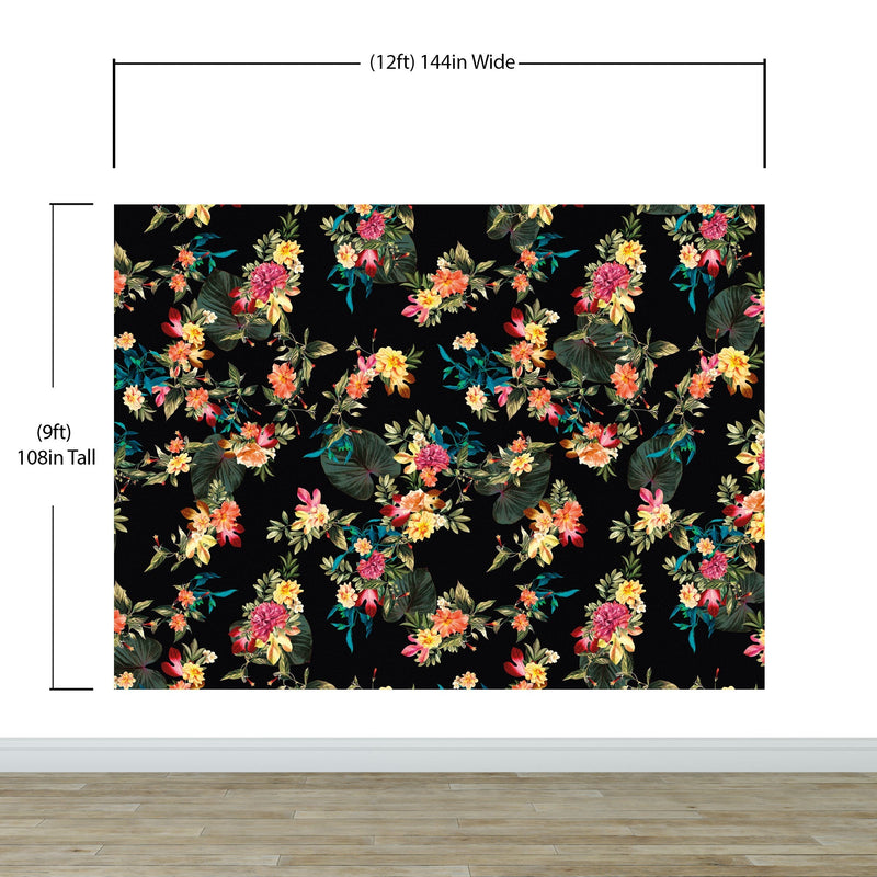 Tropical Flower Wall Mural. Paradise Botanical Flowers and Leave Black Background.