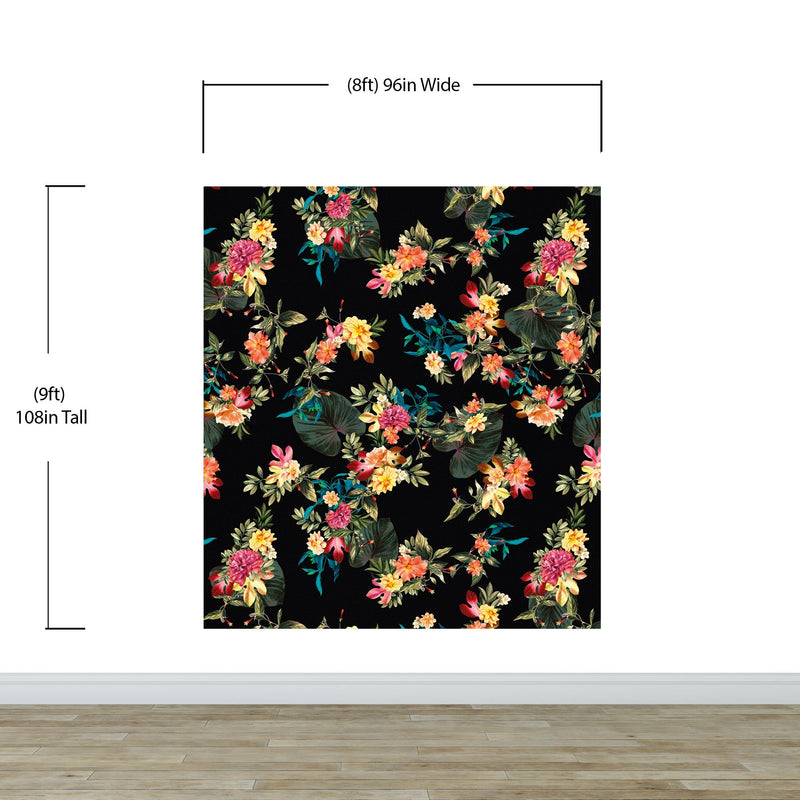 Tropical Flower Wall Mural. Paradise Botanical Flowers and Leave Black Background.