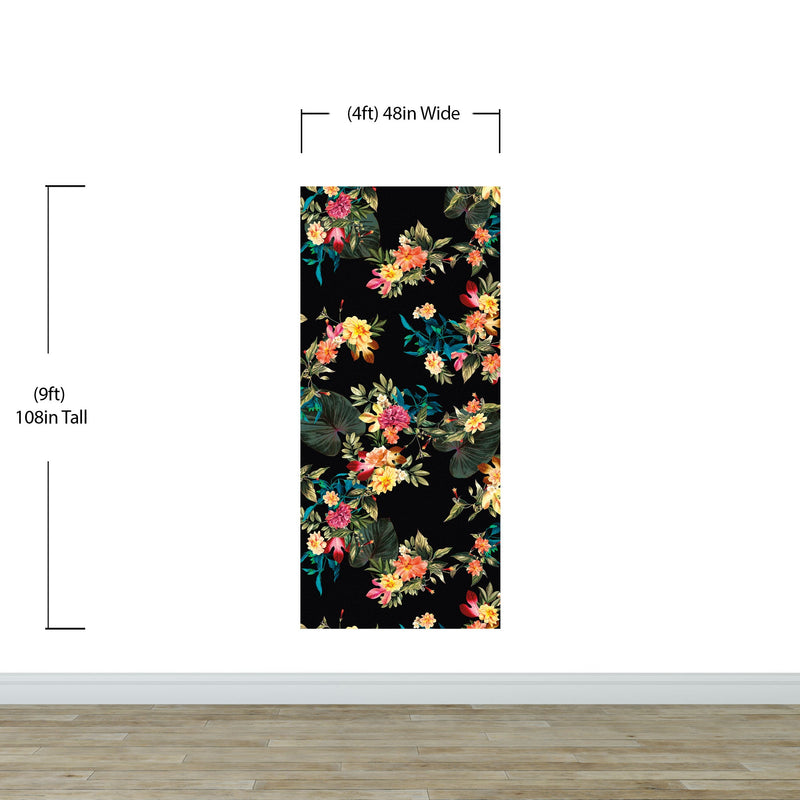 Tropical Flower Wall Mural. Paradise Botanical Flowers and Leave Black Background.