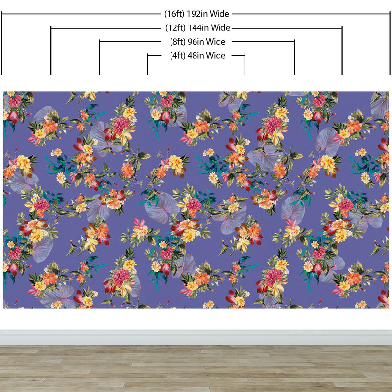 Tropical Flower Wall Mural. Paradise Botanical Flowers and Leave Purple Very Peri Color Background.