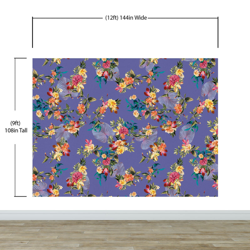 Tropical Flower Wall Mural. Paradise Botanical Flowers and Leave Purple Very Peri Color Background.