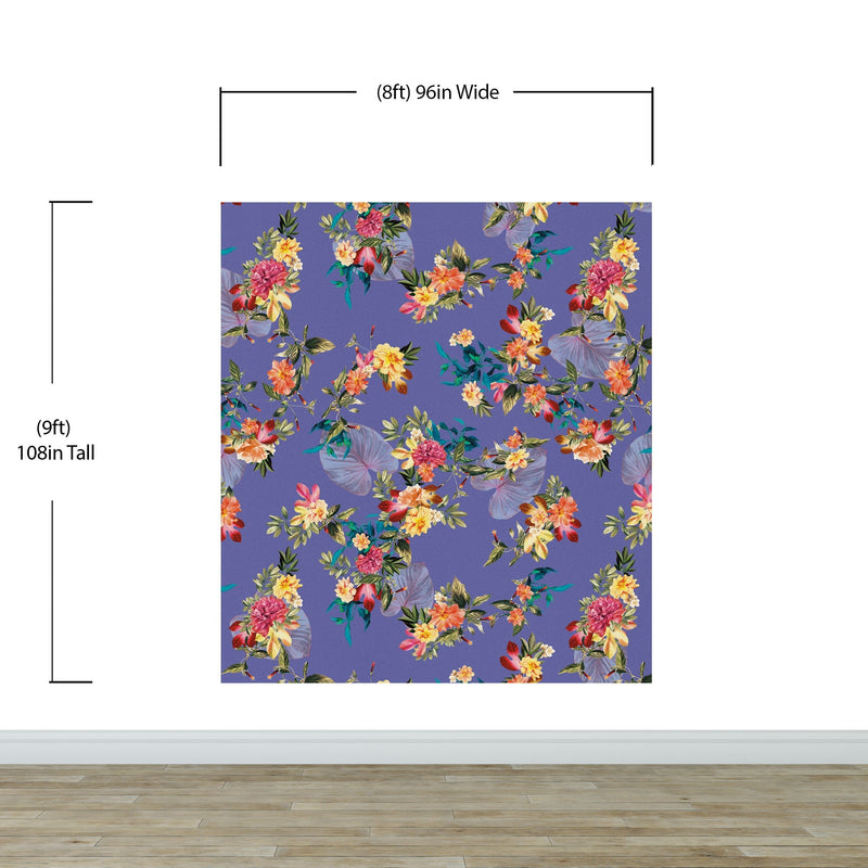 Tropical Flower Wall Mural. Paradise Botanical Flowers and Leave Purple Very Peri Color Background.