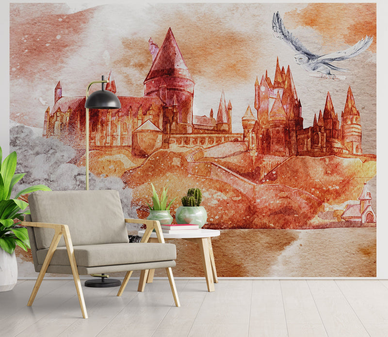 Wizardly World Wall Mural. Fantasy Theme with Castle / Train / Owl Peel and Stick Wallpaper.