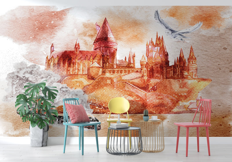 Wizardly World Wall Mural. Fantasy Theme with Castle / Train / Owl Peel and Stick Wallpaper.