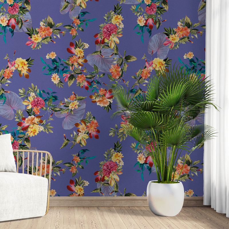 Tropical Flower Wall Mural. Paradise Botanical Flowers and Leave Purple Very Peri Color Background.