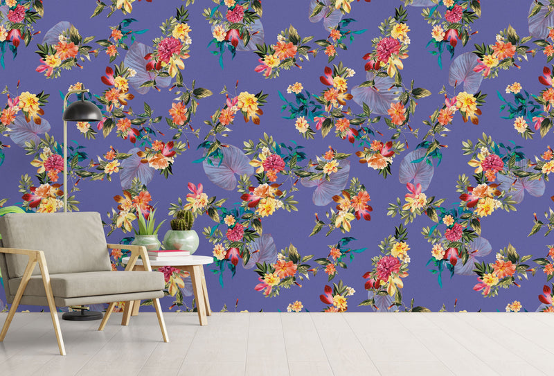 Tropical Flower Wall Mural. Paradise Botanical Flowers and Leave Purple Very Peri Color Background.