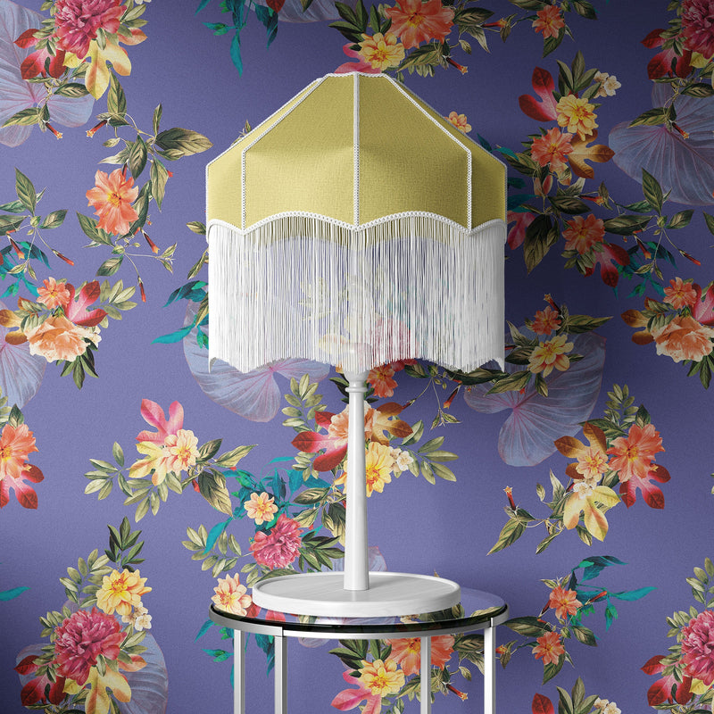 Tropical Flower Wall Mural. Paradise Botanical Flowers and Leave Purple Very Peri Color Background.