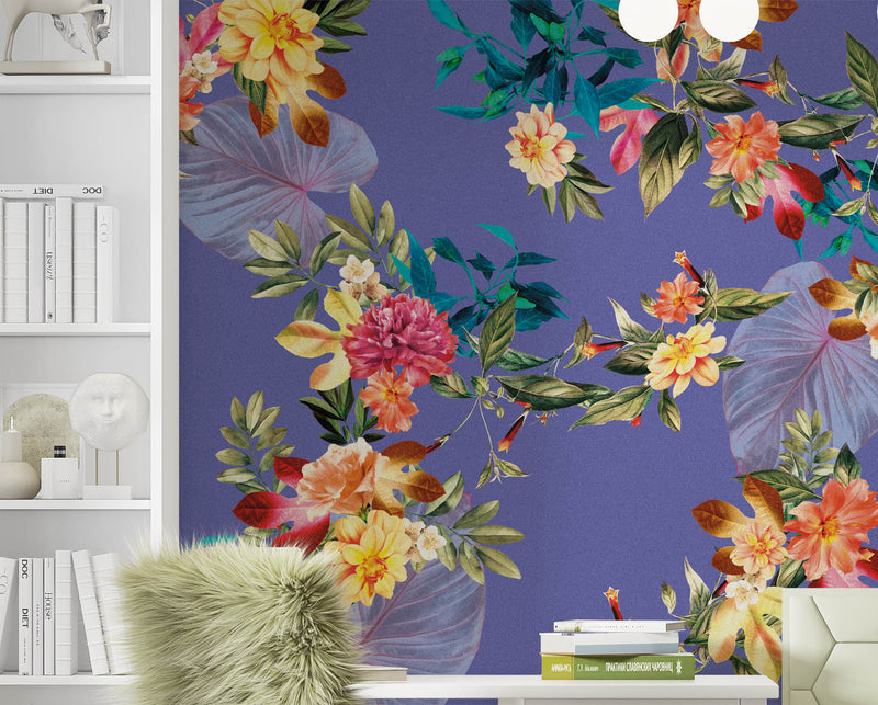 Tropical Flower Wall Mural. Paradise Botanical Flowers and Leave Purple Very Peri Color Background.