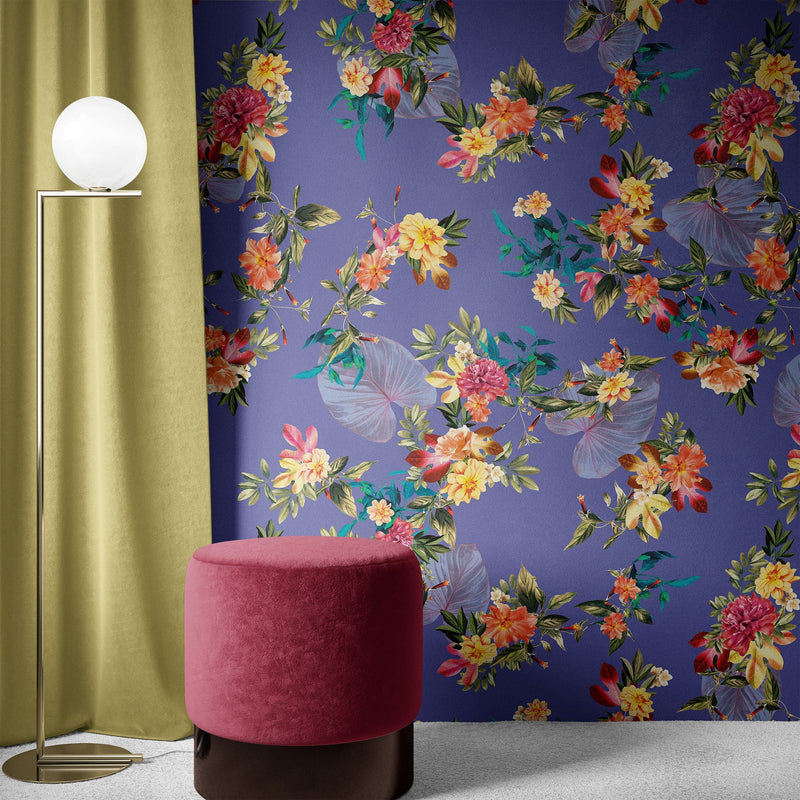 Tropical Flower Wall Mural. Paradise Botanical Flowers and Leave Purple Very Peri Color Background.