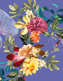 Tropical Flower Wall Mural. Paradise Botanical Flowers and Leave Purple Very Peri Color Background.