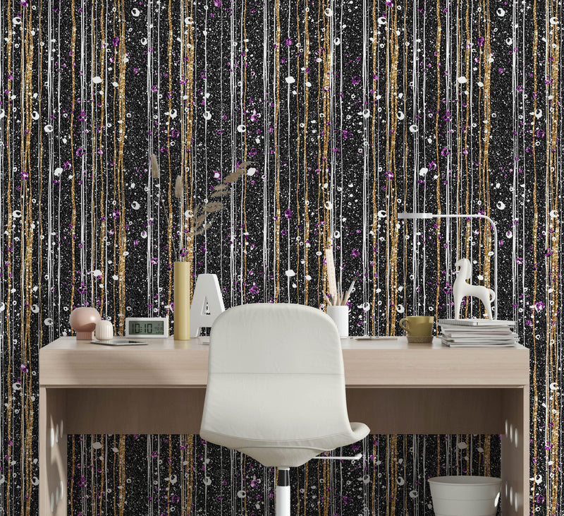 Glamour Gold Stripe Wall Mural. White and Purple Dot Peel and Stick Wallpaper.