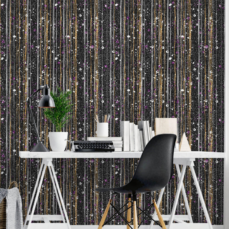 Glamour Gold Stripe Wall Mural. White and Purple Dot Peel and Stick Wallpaper.