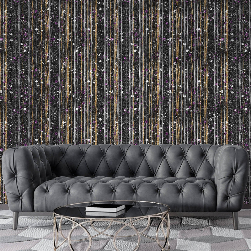 Glamour Gold Stripe Wall Mural. White and Purple Dot Peel and Stick Wallpaper.