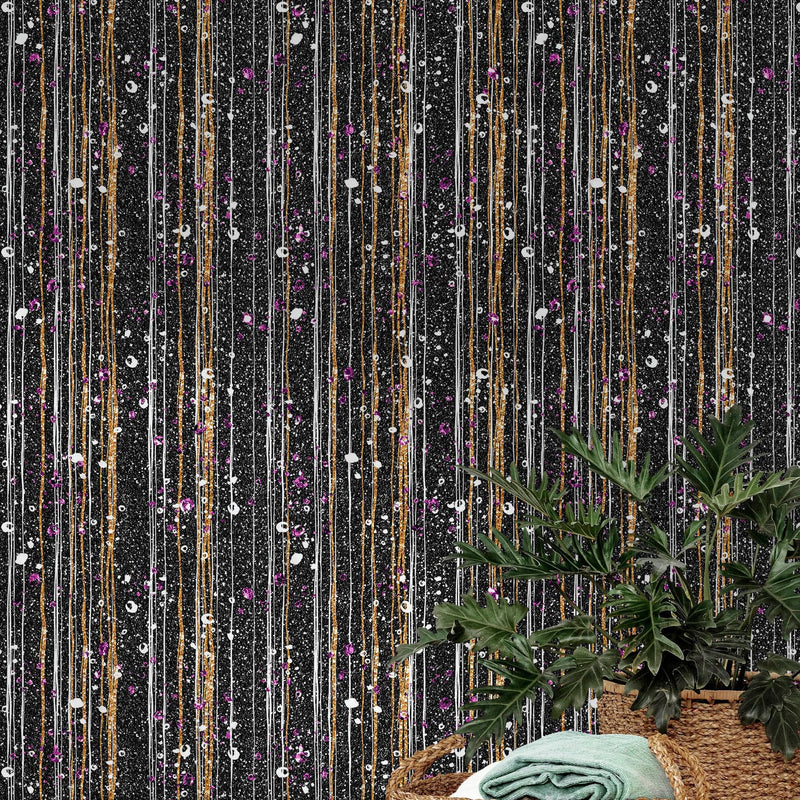 Glamour Gold Stripe Wall Mural. White and Purple Dot Peel and Stick Wallpaper.