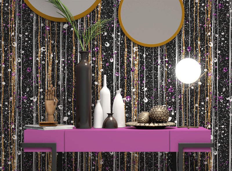 Glamour Gold Stripe Wall Mural. White and Purple Dot Peel and Stick Wallpaper.