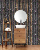 Glamour Gold Stripe Wall Mural. White and Purple Dot Peel and Stick Wallpaper.