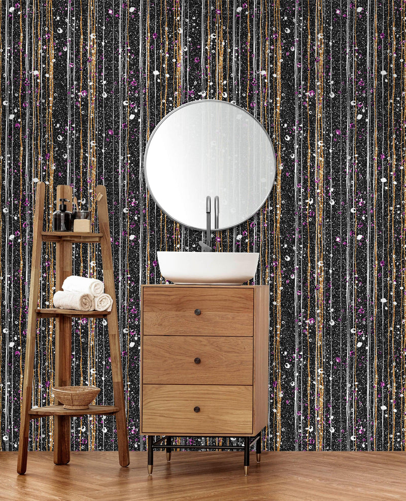 Glamour Gold Stripe Wall Mural. White and Purple Dot Peel and Stick Wallpaper.