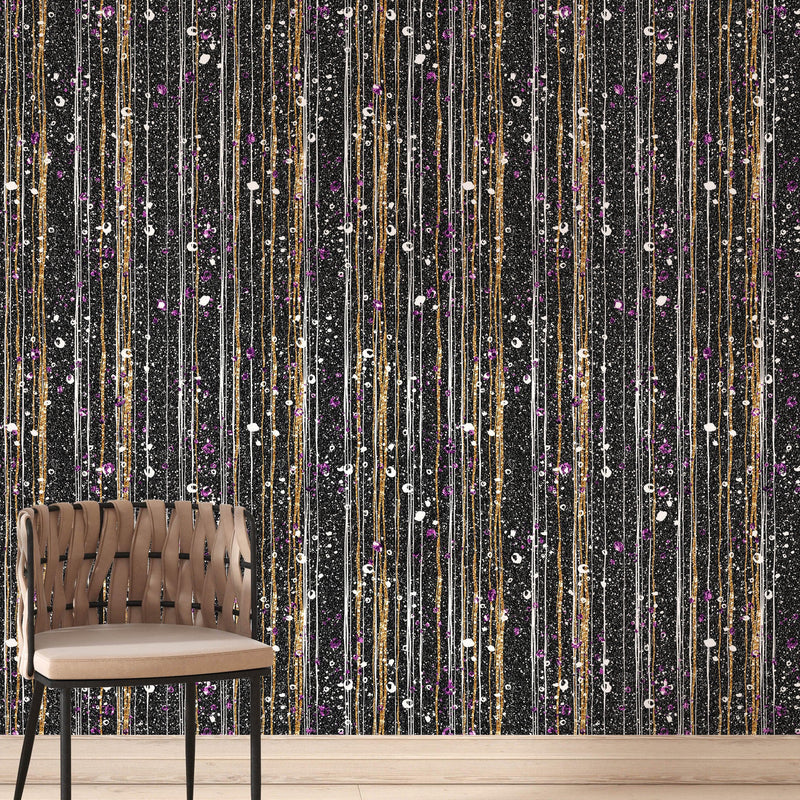 Glamour Gold Stripe Wall Mural. White and Purple Dot Peel and Stick Wallpaper.