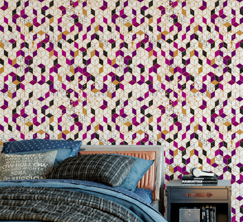 Abstract 3D Cube Shape Wall Mural. Geometric Cube Minimalistic Purple and Gold Peel and Stick Wallpaper.