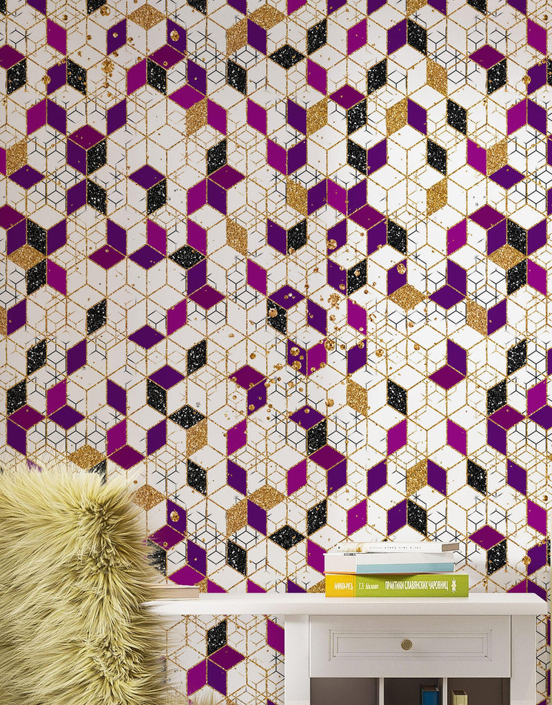 Abstract 3D Cube Shape Wall Mural. Geometric Cube Minimalistic Purple and Gold Peel and Stick Wallpaper.