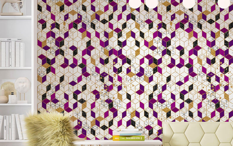 Abstract 3D Cube Shape Wall Mural. Geometric Cube Minimalistic Purple and Gold Peel and Stick Wallpaper.