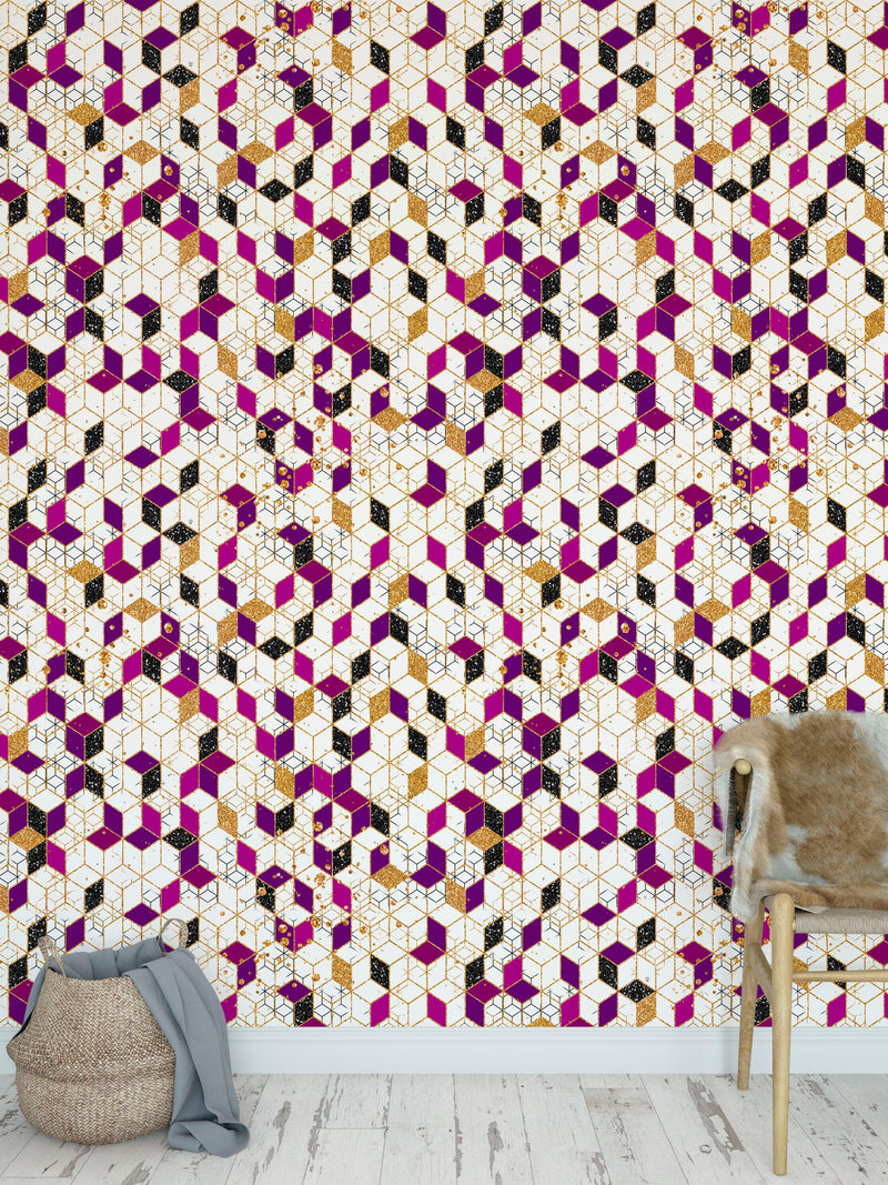 Abstract 3D Cube Shape Wall Mural. Geometric Cube Minimalistic Purple and Gold Peel and Stick Wallpaper.