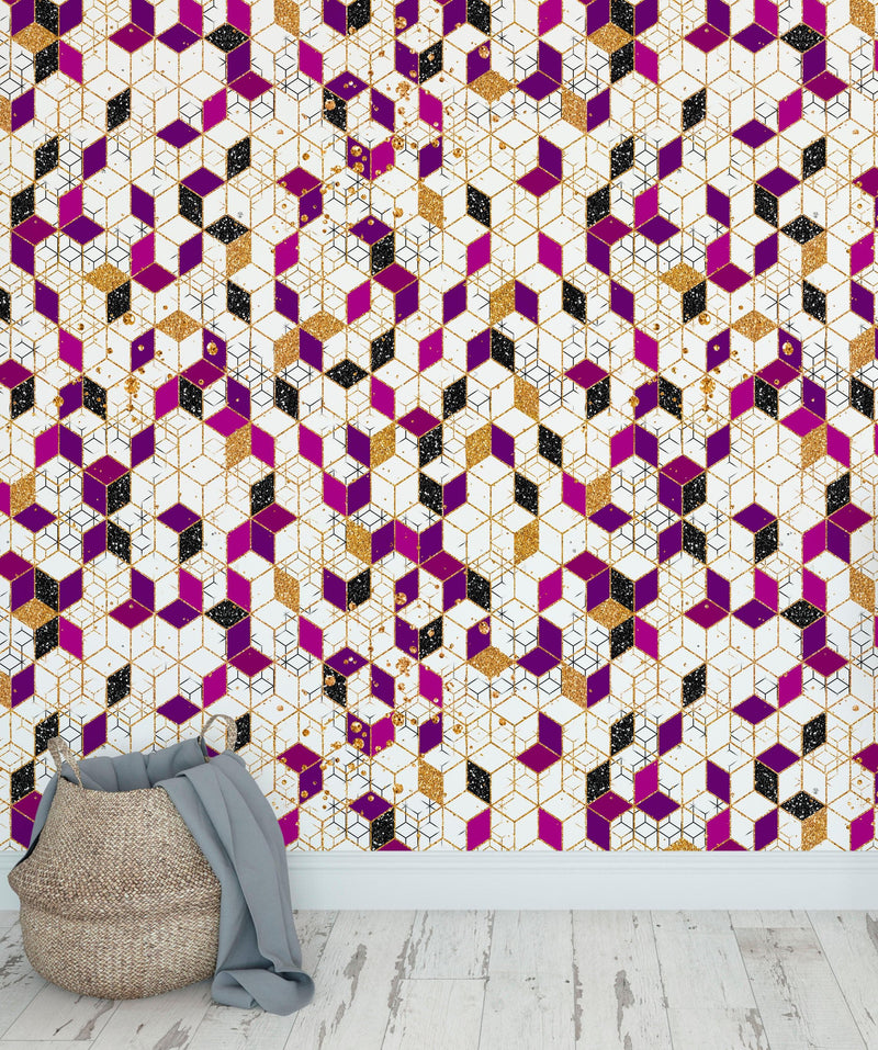 Abstract 3D Cube Shape Wall Mural. Geometric Cube Minimalistic Purple and Gold Peel and Stick Wallpaper.