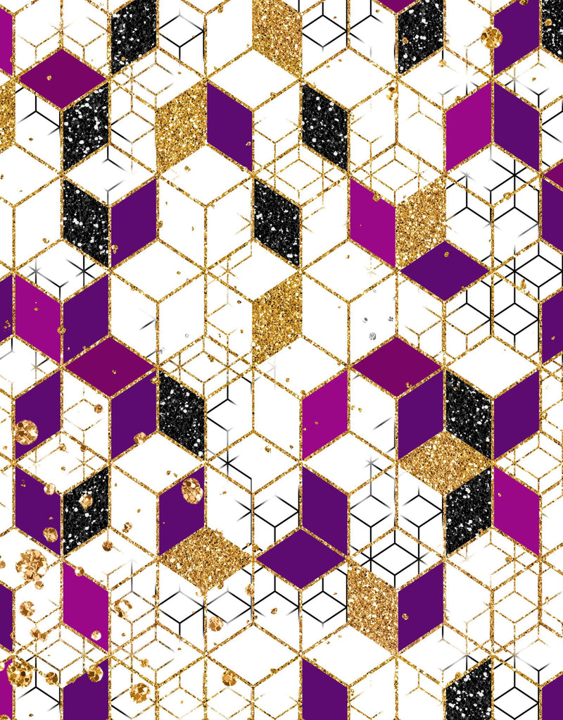 Abstract 3D Cube Shape Wall Mural. Geometric Cube Minimalistic Purple and Gold Peel and Stick Wallpaper.