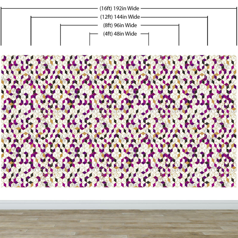 Abstract 3D Cube Shape Wall Mural. Geometric Cube Minimalistic Purple and Gold Peel and Stick Wallpaper.