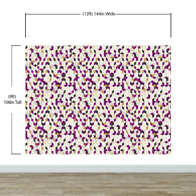 Abstract 3D Cube Shape Wall Mural. Geometric Cube Minimalistic Purple and Gold Peel and Stick Wallpaper.