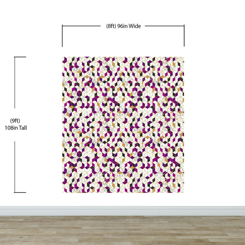 Abstract 3D Cube Shape Wall Mural. Geometric Cube Minimalistic Purple and Gold Peel and Stick Wallpaper.