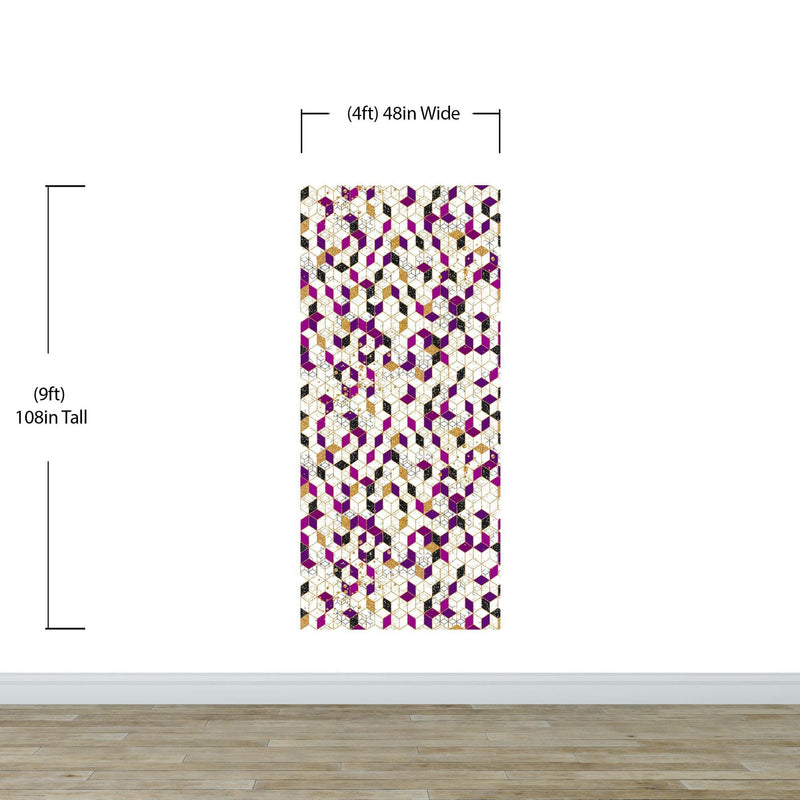 Abstract 3D Cube Shape Wall Mural. Geometric Cube Minimalistic Purple and Gold Peel and Stick Wallpaper.