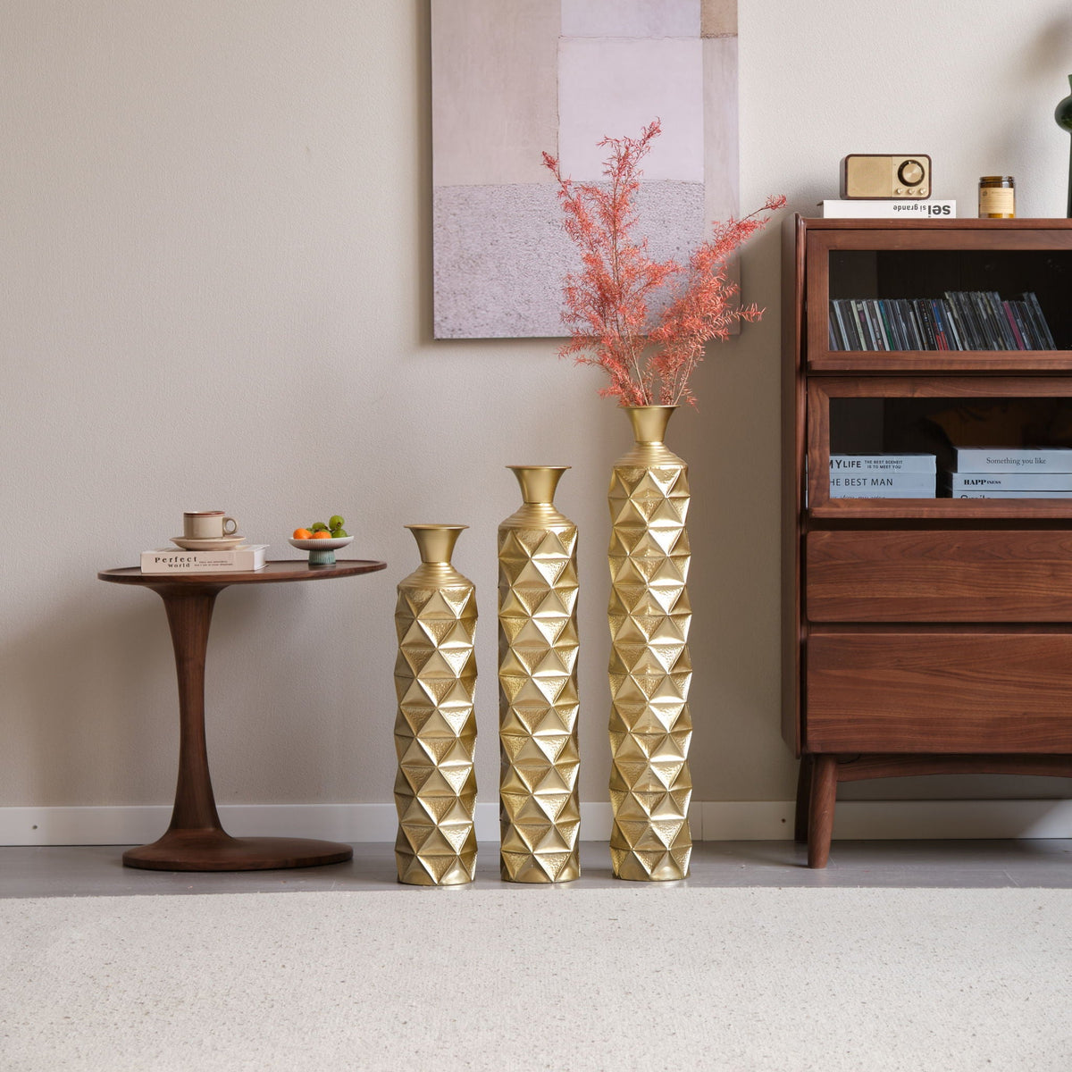 Metal Decorative Vase High Distress Metal Center Vase With 3D Triangle Pattern, (Set of 3) Vases For Home Decoration - Gold, photo 8 of 18