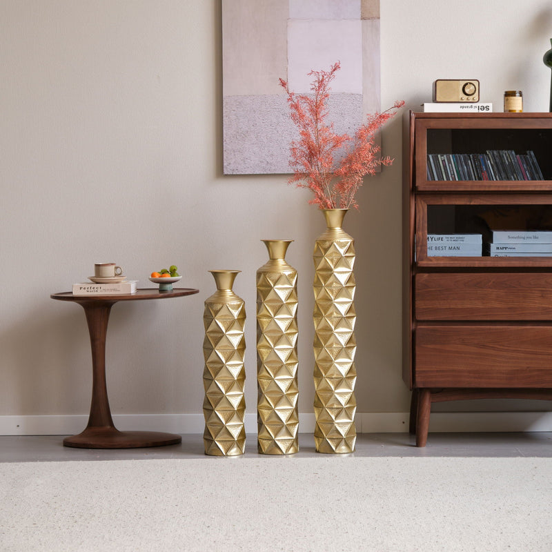 Metal Decorative Vase High Distress Metal Center Vase With 3D Triangle Pattern, (Set of 3) Vases For Home Decoration - Gold, photo 8 of 18
