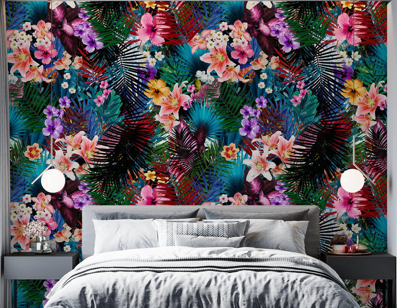 Colorful Tropical Foliage Pattern Wall Mural. Peel and Stick Wallpaper.