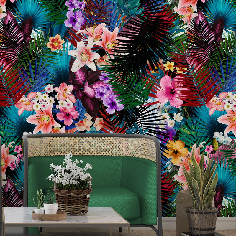 Colorful Tropical Foliage Pattern Wall Mural. Peel and Stick Wallpaper.