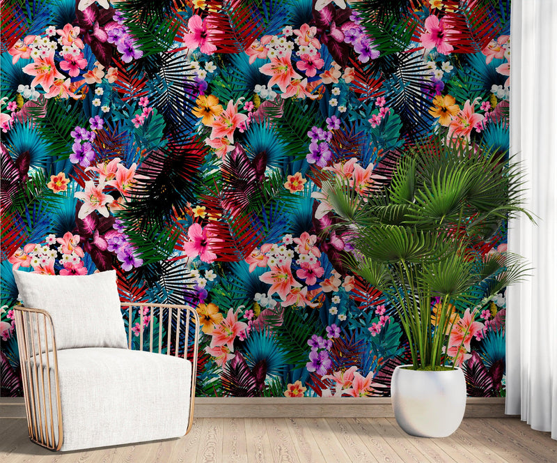 Colorful Tropical Foliage Pattern Wall Mural. Peel and Stick Wallpaper.