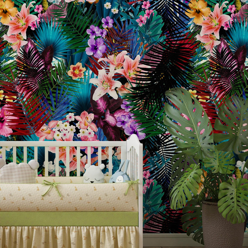 Colorful Tropical Foliage Pattern Wall Mural. Peel and Stick Wallpaper.