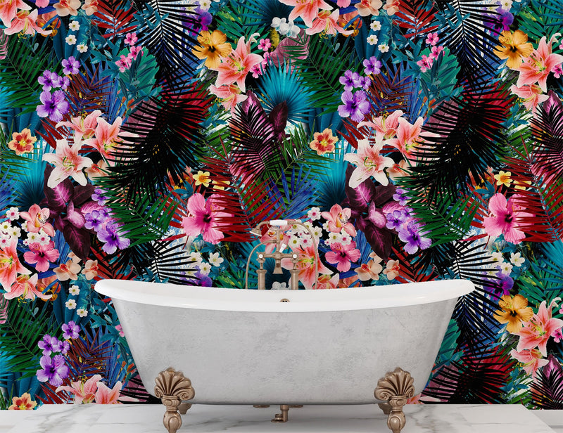 Colorful Tropical Foliage Pattern Wall Mural. Peel and Stick Wallpaper.