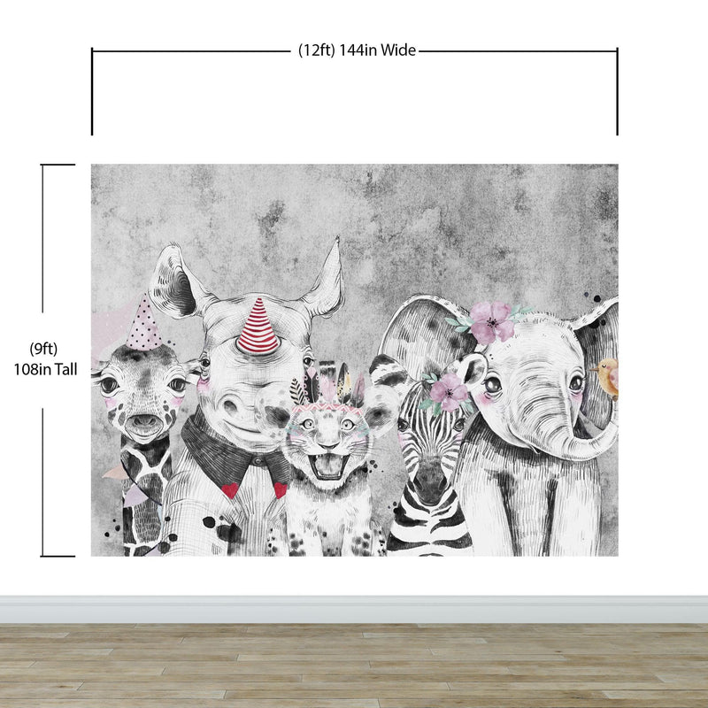 Safari Baby Animals Wall Mural. Baby Elephant, Giraffe, Rhino, Lion and Zebra Peel and Stick Wallpaper.