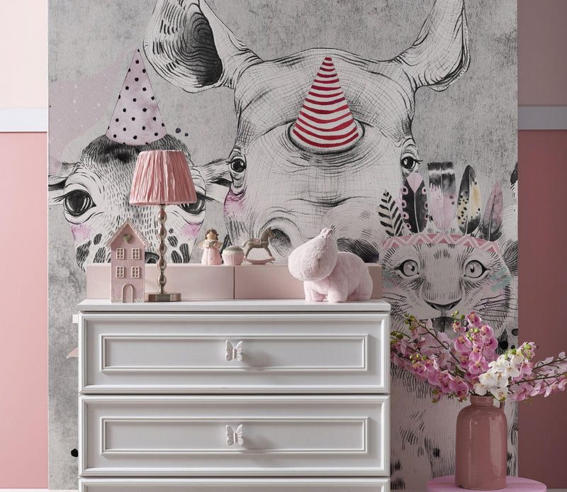 Safari Baby Animals Wall Mural. Baby Elephant, Giraffe, Rhino, Lion and Zebra Peel and Stick Wallpaper.