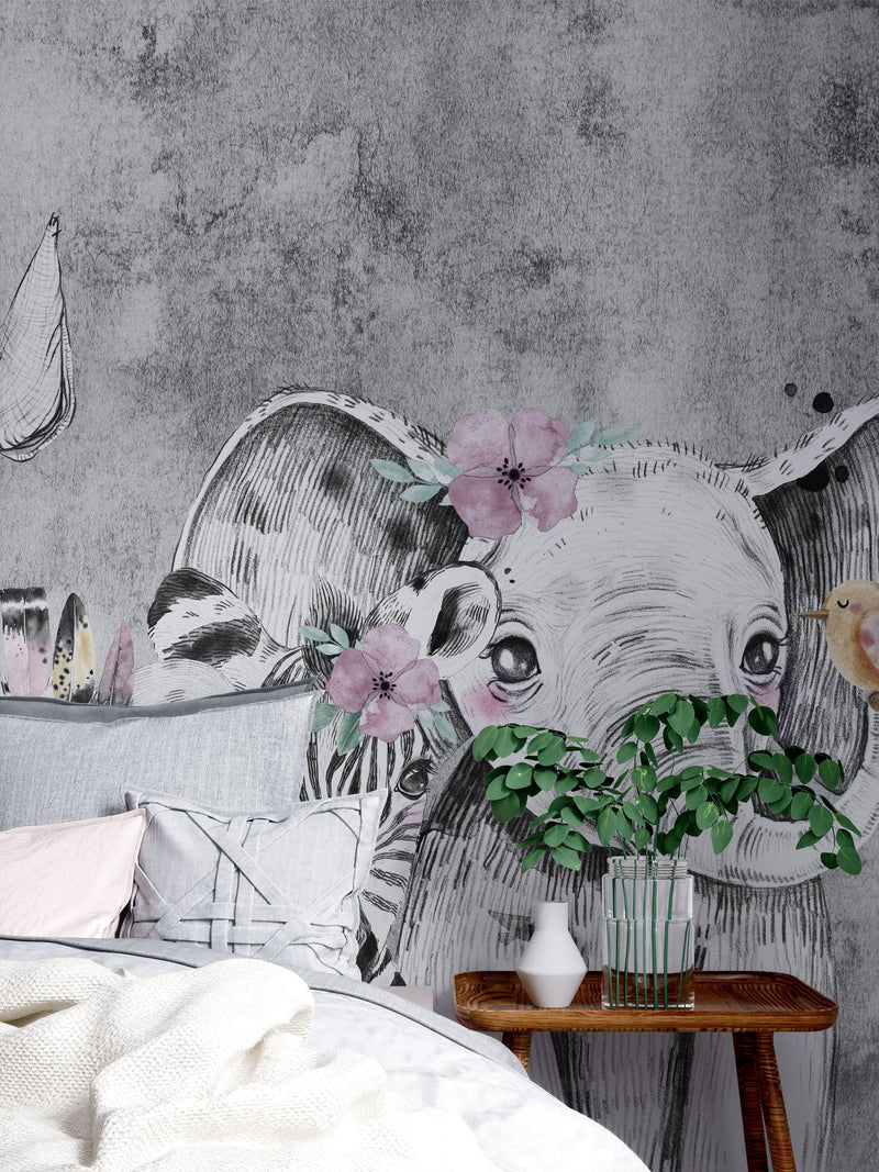 Safari Baby Animals Wall Mural. Baby Elephant, Giraffe, Rhino, Lion and Zebra Peel and Stick Wallpaper.