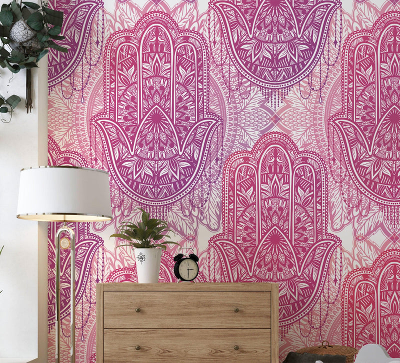 Large Floral Mandala Wall Art Wallpaper. Pink and Purple Ornament Design Peel and Stick Wall Mural.