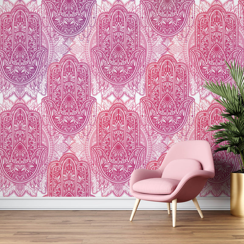 Large Floral Mandala Wall Art Wallpaper. Pink and Purple Ornament Design Peel and Stick Wall Mural.