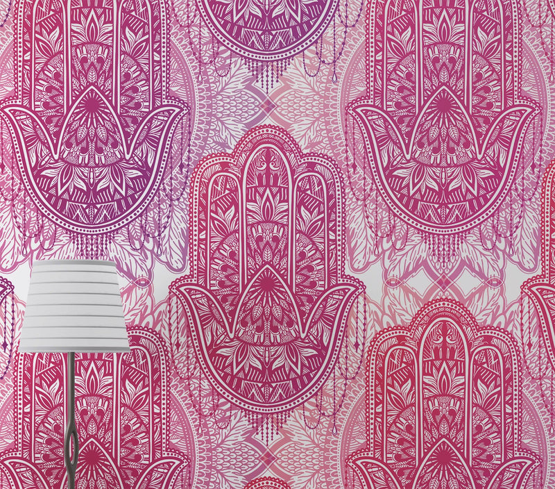 Large Floral Mandala Wall Art Wallpaper. Pink and Purple Ornament Design Peel and Stick Wall Mural.