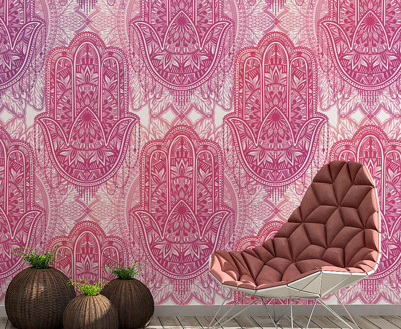 Large Floral Mandala Wall Art Wallpaper. Pink and Purple Ornament Design Peel and Stick Wall Mural.