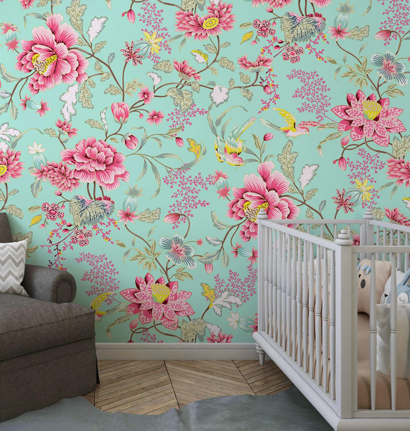 Mint Color Flower Pattern Wall Mural. Tropical Botanical Floral Peel and Stick Wallpaper.