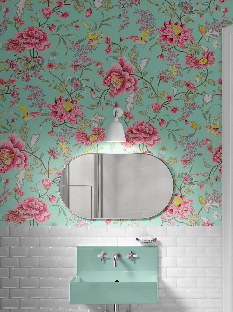 Mint Color Flower Pattern Wall Mural. Tropical Botanical Floral Peel and Stick Wallpaper.